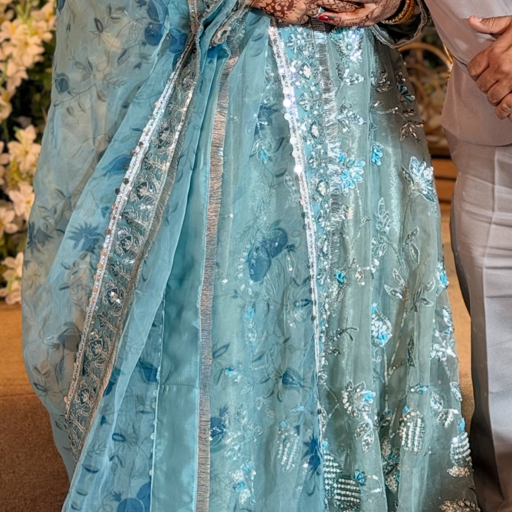 Embroidered Light Teal Maxi Dress with Sheer Overlay